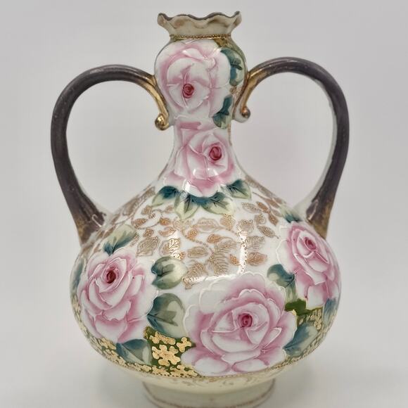Antique Nippon Pink and Gold Porcelain Vase with Elegant Floral Accents & Gilt - Picture 10 of 12